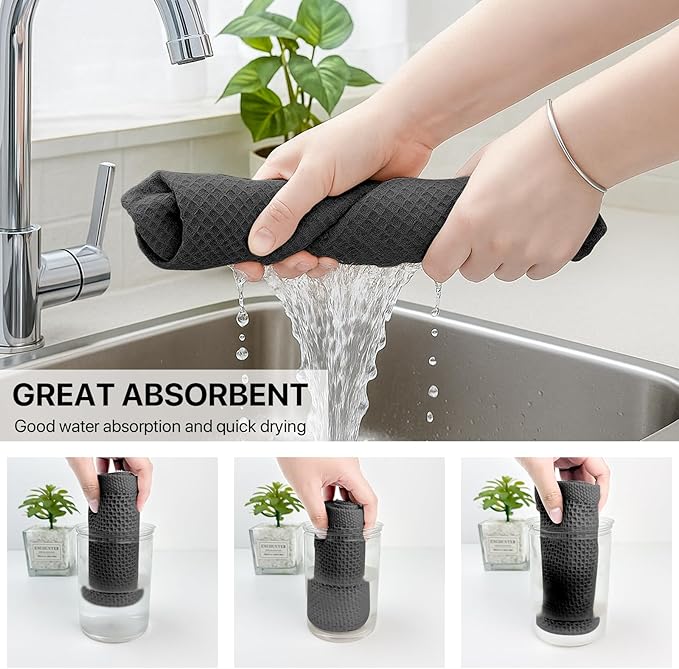 100% Cotton Waffle Weave Kitchen Towels, 4 Pack Dish Cloths for Washing Dishes, Ultra Soft Absorbent Dish Towels, Quick Drying Kitchen Rags, 13x28 Inches, Dark Grey