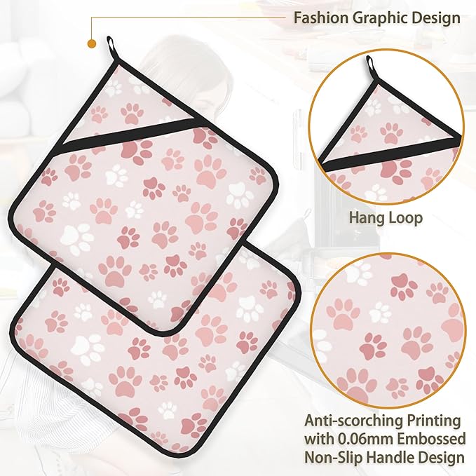 Cute Pink Cat Dog Paw Prints Pot Holder Set of 2,Heat Resistant Potholders Oven Hot Pads for Kitchen Cooking Baking BBQ