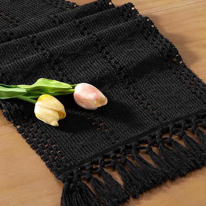 Socomi Boho Table Runner Easter Spring Farmhouse Rustic Dining Kitchen Centerpiece Decor Small Macrame Woven Cotton Linen Coffee Table Runner for Dresser Scarf Home Decor 12x36 inch Black