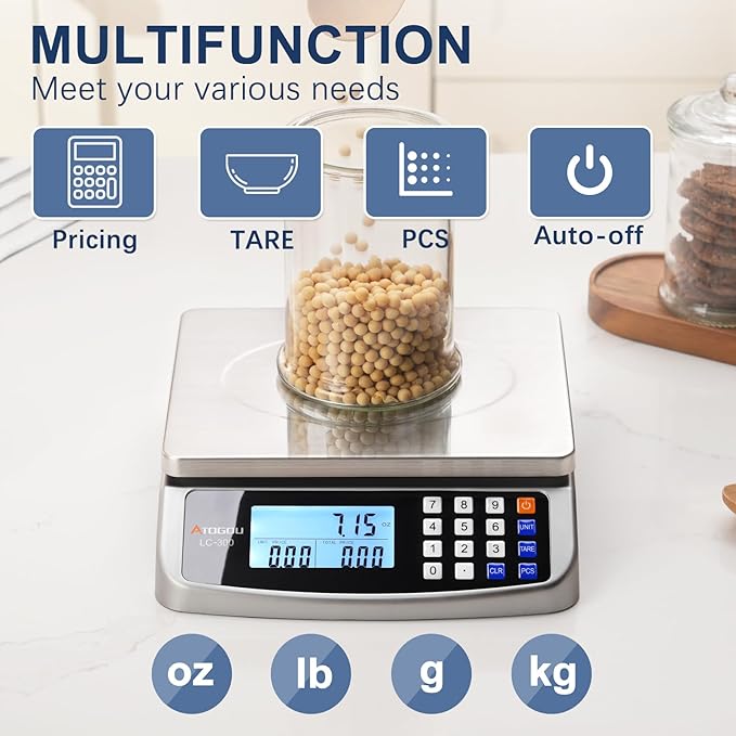 Atogou 66lb Food Scale, Commercial Kitchen Scale with Price Computing, Plug-in Usable, 0.05oz/1g, 304 Stainless Steel, for Cooking, Vegetables, Farm, Industry, Counting. LC300 Grey