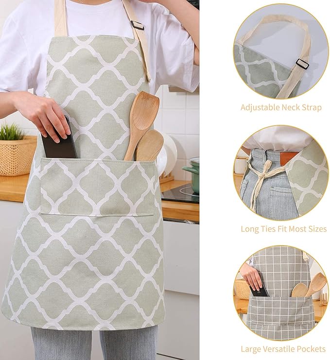 Tosewever 2 Pack Cotton Adjustable Bib Apron for Women, Cooking Kitchen Aprons with Pockets BBQ Drawing, Mom Woman Men Chef (Cotton - Grey/Green, 2)