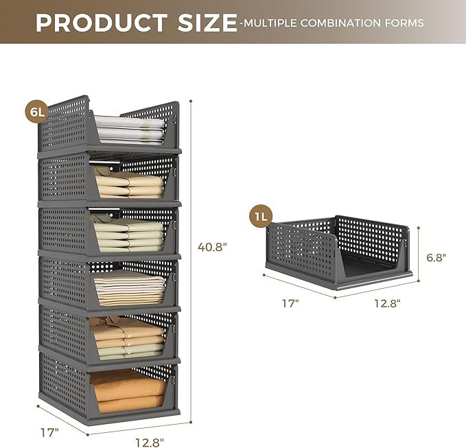 PinkPum 6 Pack Black Closet Organizers and Storage Plastic Stackable Storage Bins, Morden Foldable Drawer Shelf Storage Container for Wardrobe Kitchen Bathroom Dorm