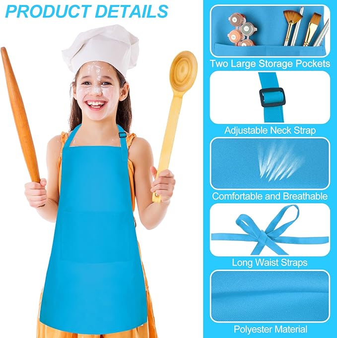 Morcheiong 8/12/24 Pack Adjustable Kids Apron Bulk with 2 Pockets Toddler Apron Kids Painting Aprons for Baking Painting