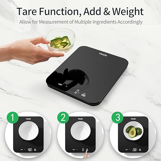 Vitafit 33lb/15kg Digital Food Scale in High Precision 0.1oz/1g, Our Own Kitchen Scale Professional Factory Since 2001, Kitchen Essentials for Cooking & Baking, LED, 3*AAA Battery, Spray Silver Black