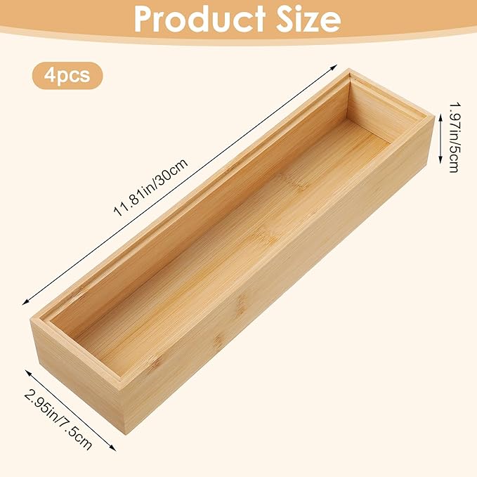 Lemecima Kitchen Drawer Organizer, Bamboo Utensil Tray Set of 4 for Silverware, Office, Bathroom & Pantry Storage, Natural Wood Compartments (11.8"x3"x2")
