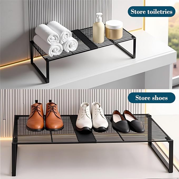 Extendable Metal Wire Shelf Organizer - Adjustable 15-24.4in Length, Stackable Storage Rack for Kitchen/Pantry/Bathroom/Shoe Cabinet/Tool Closet (2, White)