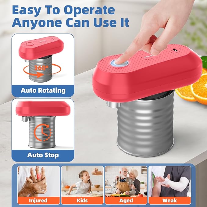 Auto Electric Can Opener, Rechargeable Can Openers for Seniors & Arthritis, One-Touch Automatic Can Opener, Hands-Free, Smooth Edge, Compact, Cordless, Food-Safe Kitchen Gadgets