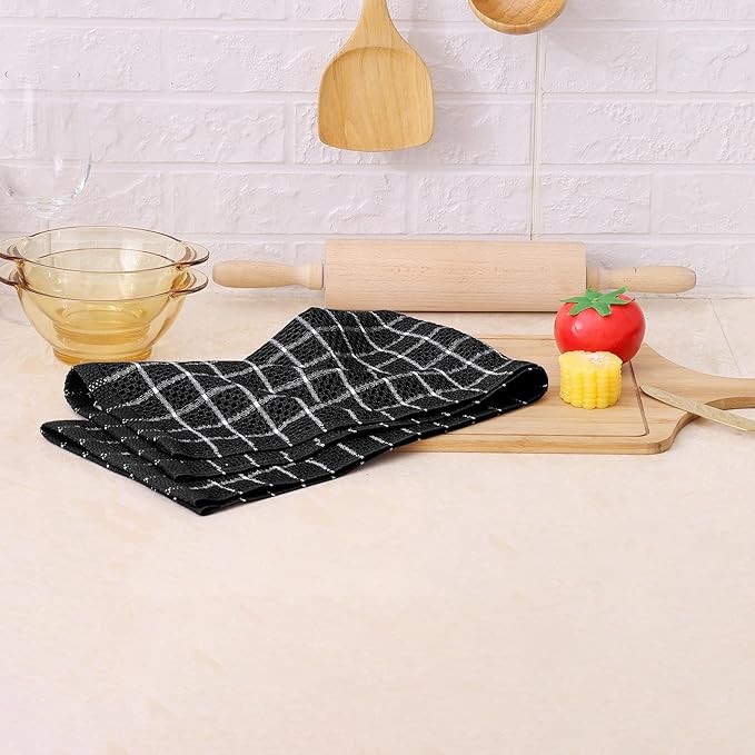 Homaxy 100% Cotton Kitchen Towels 6 Pack-15 X 25 Inches, Check Design Waffle Weave Hand Tea Towels, Super Soft and Absorbent Dish Towel for Drying Dishes, Black&White