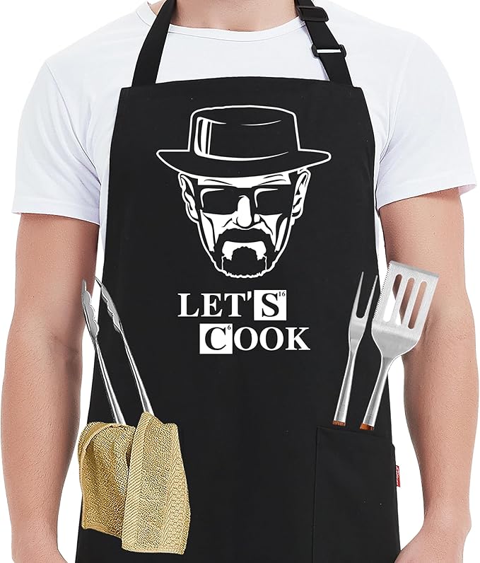 Kaidouma Funny Cooking Aprons for Men - Let’s Cook - Men's Black Funny Kitchen Chef Grilling BBQ Aprons with 2 Pockets - Birthday Father’s Day Christmas Gifts for Dad, Husband, Boyfriend, Movie Fans