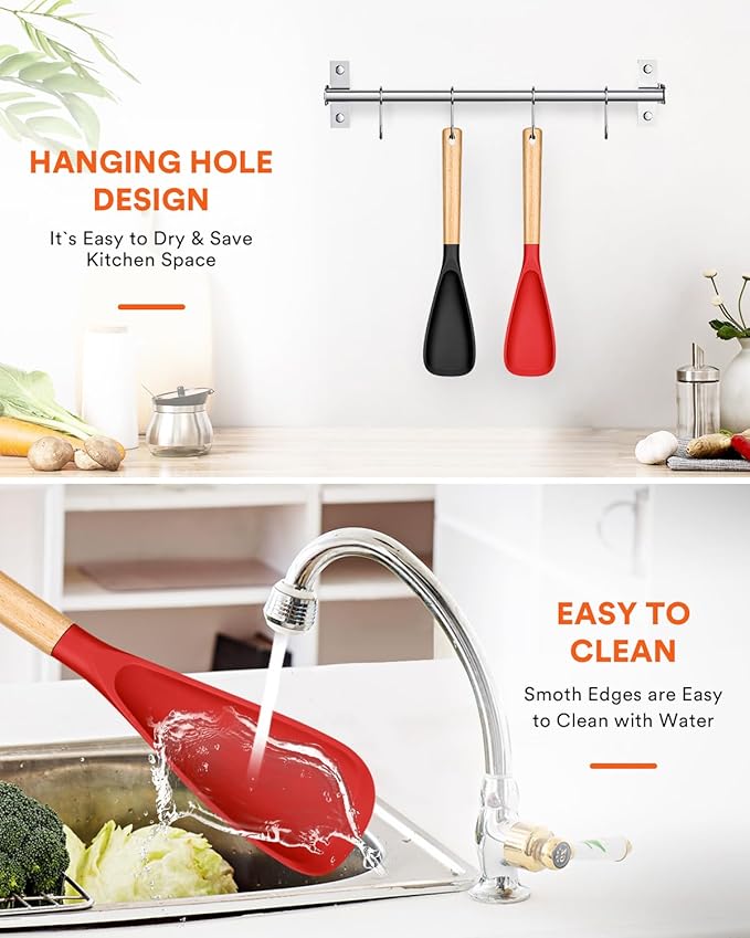 Cooking Spoon for Nonstick Cookwares, Great for Cooking and Serving Sturdy BPA-Free Matte Silicone, Wood Handle Spoon for Mixing, Scoop, and Scrape (Black & Red, 13.4 inch)