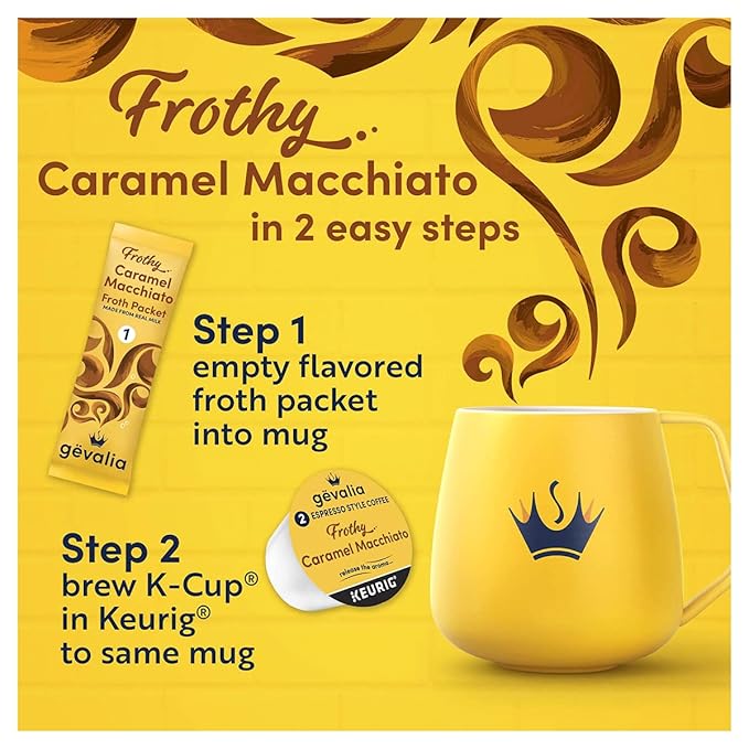 Gevalia Caramel Macchiato 2-Step K-Cup & Froth Packets, 6-Count, 5.6 oz. Box (Pack of 3) [Retail Packaging]