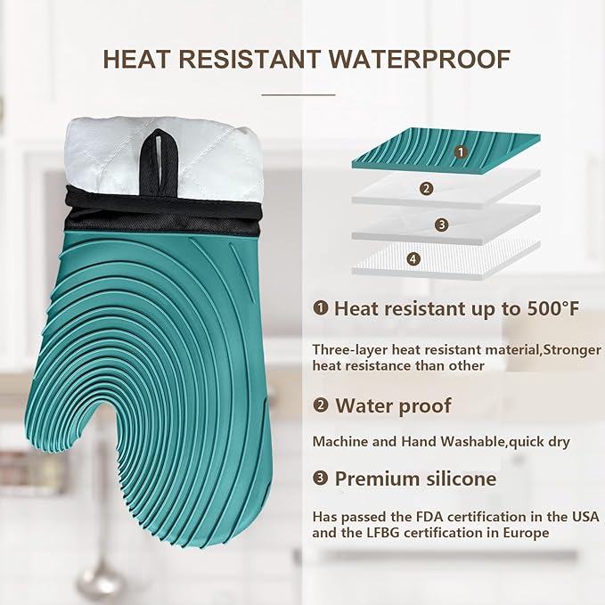 Silicone Oven Mitts-13.6 in Extended Oven Mitts Heat Resistant 500F, Oven Gloves with Soft Liner Good Grippy BPA-Free Easy to Clean Flexible-Oven Mits Set for Cooking Baking Grilling BBQ