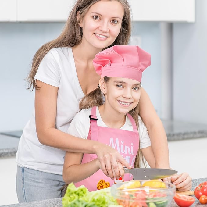 Kids Apron and Chef Hat Set, “Mini Chef” Funny Apron Adjustable Kitchen Apron for Boys and Girls