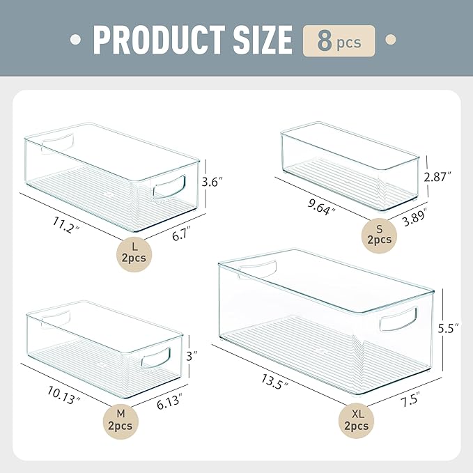 Heyuzb 8 PACK Freezer Organizer Bins Fridge Organizer Storage Stackable Deep Freezer Storage Bins with Side Handles Refrigerator Organizers and Storage Home Organization Must Haves