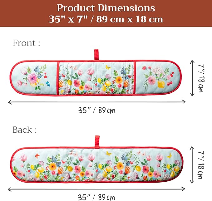 Maison d' Hermine Double Oven Mitts 100% Cotton 7"x35" Double Oven Mitt Heat Resistant BBQ Cooking Gloves with Loop Baking Grilling Gifts for Mothers Day Spring Summer (Jardin D'Ete - Mint)