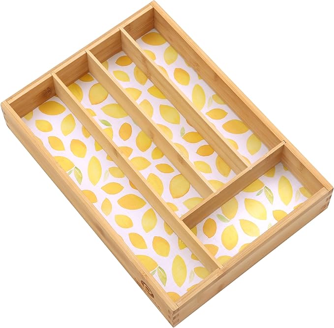 Pristine Bamboo Drawer Organizer - Silverware Organizer with 5 Slots, Lemon Print