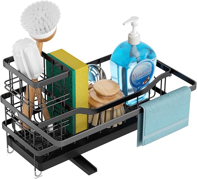Sponge Holder for Kitchen Sink, Self-draining Sink Organizer with Towel Rack and Brush Holder, Metal Kitchen Sink Organizer for Countertop, Black