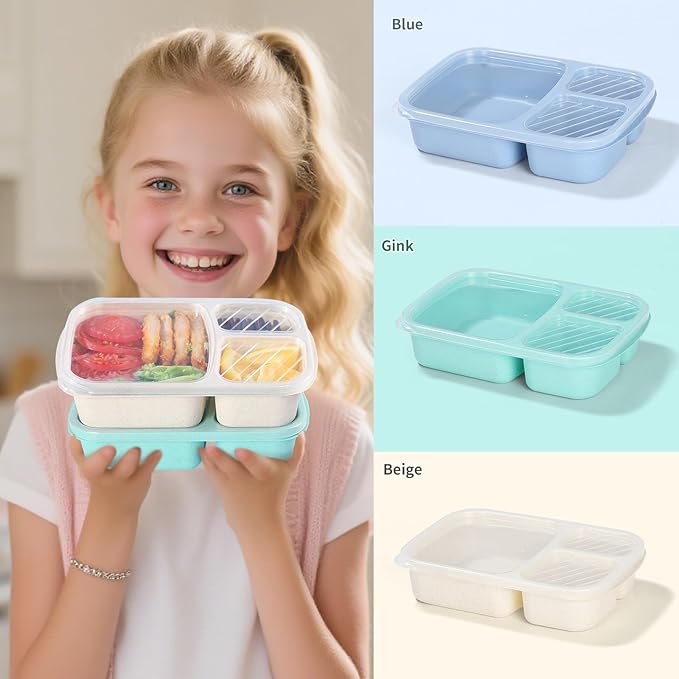 Bento Box Adult Lunch Box - 3 Pack,3-Compartment Leak-Proof Bento Boxes Ideal Portion Sizes for Kids , Reusable Food Storage Snack Containers,Microwave and Dishwasher Safe & Food-Safe Materials (blue)