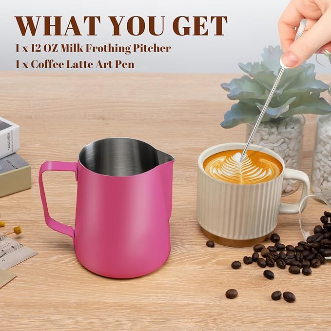 Amrules Milk Frothing Pitcher, 12 oz Milk Frother Cup with Clear Scale, 304 Stainless Steel Cappuccino Espresso Machine Accessories for Barista Coffee Bar with Latte Art Pen, Rose Red