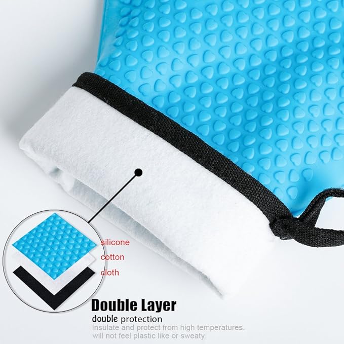 Kitchen Oven Gloves - Dual-Layer Heat Resistant Grilling Gloves, Silicone Oven Mitts with 5 Fingers, Waterproof Non-Slip Pot Holder for Barbecue, Cooking, Baking (Blue)