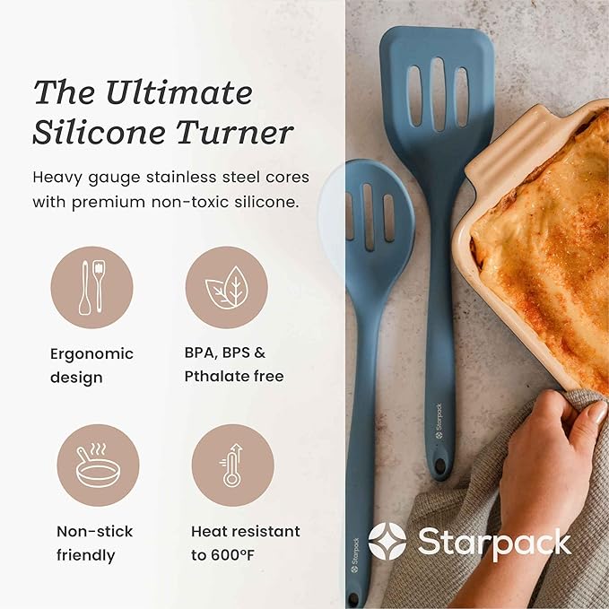 Starpack 'Head Turner' Premium Silicone Turner Spatula, Slotted Spatula - Up-to 600°F High Heat Resistant Silicone Slotted Spatulas for Cooking, LFGB Grade Non Stick Rubber Turner Spatula - 10"