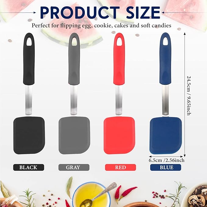 Gejoy 4 Pcs Silicone Cookie Spatula Turner Mini Brownie Spatula Flexible Silicone Spatulas Nonstick Cookware Heat Resistant No Scratch Flipper Baking Utensils for Egg Pancake(Gray, Blue, Black, Red)