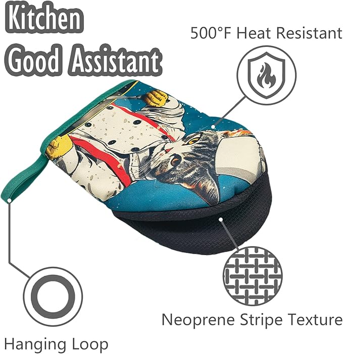 Cat Chef Oven Mitts, High Heat Resistant Kitchen Oven Gloves, Mini Silicone Oven Mitts, Non-Slip Grip Surfaces and Hanging Loop for Grilling, Baking, Cooking and Microwave, Gift