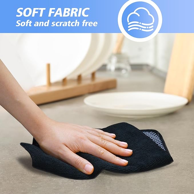 KinHwa Kitchen Washcloths for Dishes Absorbent Microfiber Dish Cloths Quick Dry Dish Rags with Poly Scour Scrub Side Ideal for Kitchen Cleaning (Black, 9inchx9inch 9 Pack)