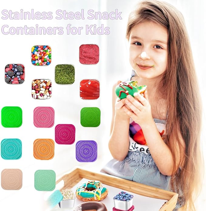 HTEVW 6Pack Stainless Steel Snack Containers for Kids, Easy Open Leak Proof Metal Toddler Snack Containers with Silicone Lids, Stackable Metal Toddler Lunch Box for Daycare, School and Travel (6oz)