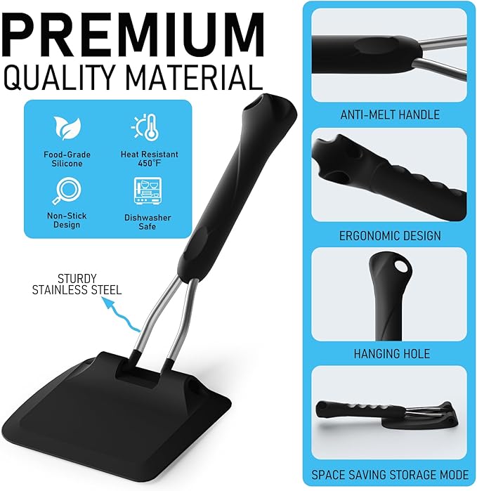 MFTEK Silicone Spatula Set, Eggs Flipper, Adjustable Angle Spatula Turner for Pancake, Fish, Burger, Swappable 2 Size Spatula Heads, Flexible, Heat-Resistant (Black)