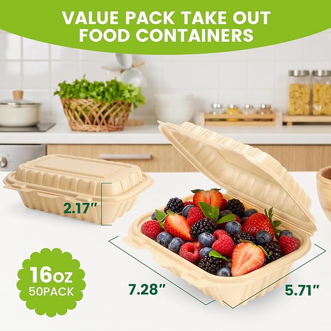 Clamshell Take Out Food Containers,50 Pack-16oz Disposable Meal Prep Containers Durable To Go Containers for Pasta Salad Snacks Taco Chinese Food Restaurants Made of Natural Rice Husk 7.3"X5.7"X2.2"