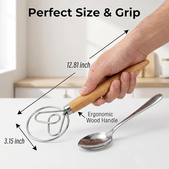 TEEVEA Danish Dough Whisk for Bread Sourdough, Wooden Handle & Stainless Steel Hook