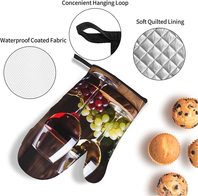 Red and White Wine Oven Mitts and Pot Holders Sets Grape Wooden Kitchen Oven Gloves Heat Resistant 500 Degrees Oven Mitt and Hot Pad for Cooking BBQ Baking Grilling