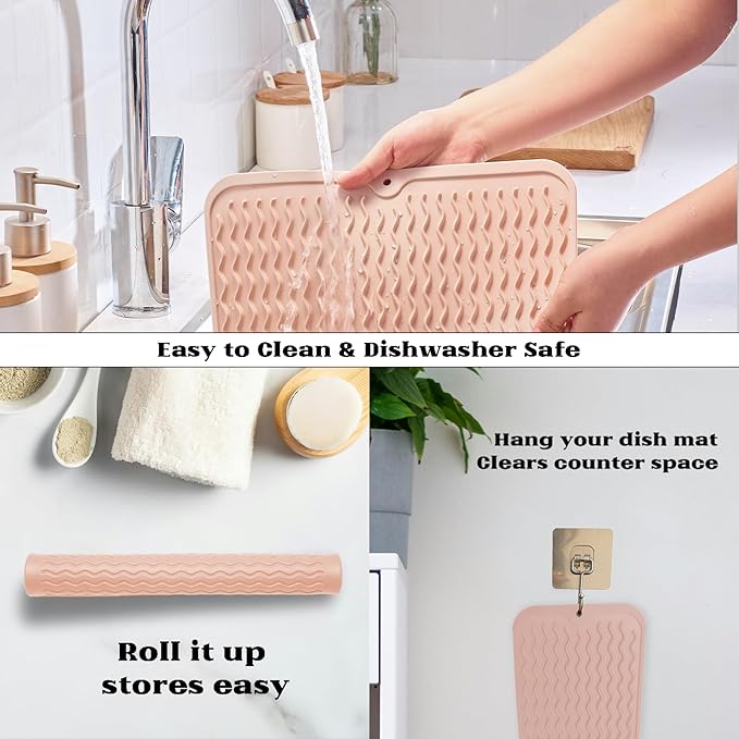 ZLR Silicone Dish Drying Mat 12" x 12" Square - Small Heat Resistant Trivet & Countertop Protector for Air Fryer, Coffee Maker - Waterproof Kitchen Drain Pad for Cups, Fruit (Peach Pink)
