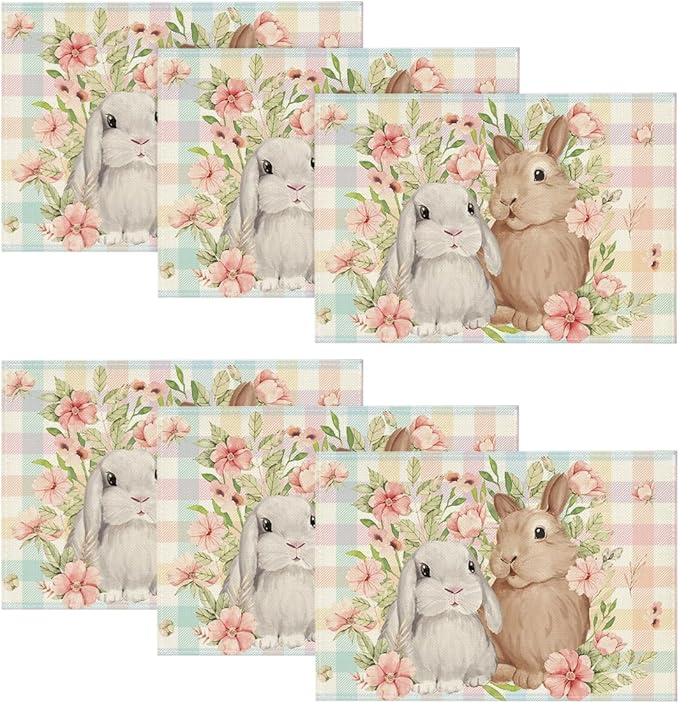Artoid Mode Bunny Rabbit Flowers Floral Buffalo Plaid Easter Placemats Set of 6, 12x18 Inch Spring Table Mats for Party Kitchen Dining Decoration