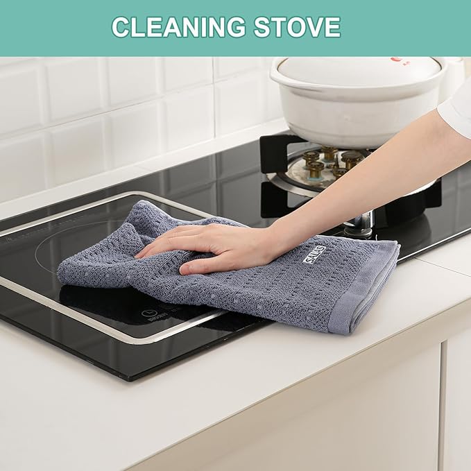 SALAS Kitchen Dish Towels, Bulk Cotton Kitchen Hand Towels, 390 GMS Plaid Dish Cloths Rags for Drying Dishes with Hanging Loop, 16‘’ x 26‘’, 3 Packs, Retro Blue