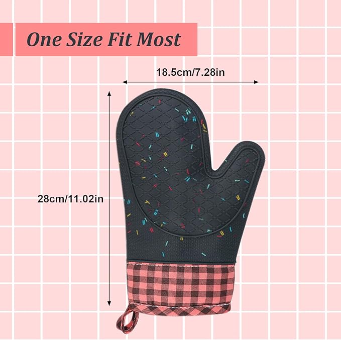 Wanheart Silicone Oven Mitts Heat Resistant, Non Slip Baking Mittens with Cotton Lining, Cute Confetti Pink Kitchen Decor for Cooking, 2-Pack
