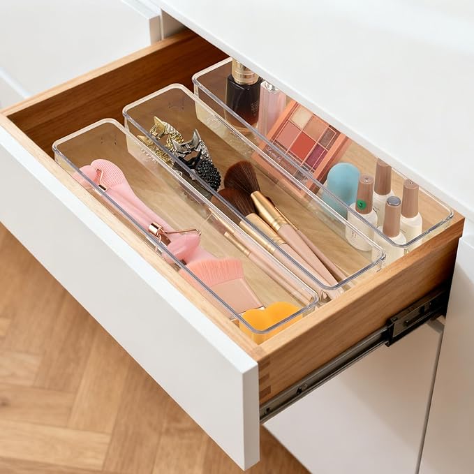 Ohlove 6 Pcs Large Clear Plastic Drawer Organizers Tray 12"x3" Storage Bins with 25 Pcs Non-Slip Pads for Makeup, Jewelries, Kitchen Utensils, Bathroom and Office