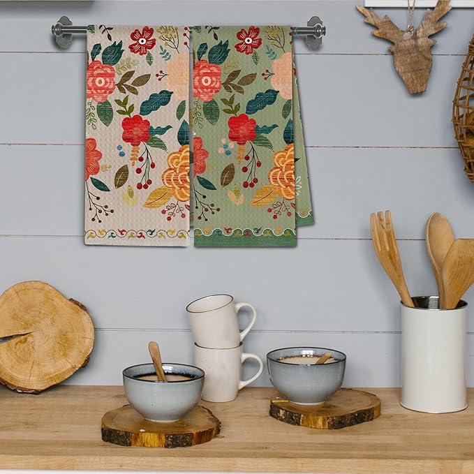 Vintage Boho Floral Kitchen Towels, Retro Colorful Flower Dish Tea Towels Drying Cloth for Kitchen, Boho Wildflower Green and Beige Decorative Hand Towels for Bathroom, 16x24 Inch Set of 2