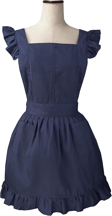 Retro Adjustable Ruffle Apron Kitchen Cooking Baking Cleaning Maid Costume (Deep Navy)