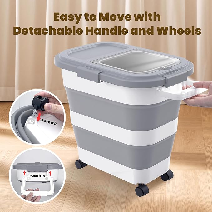 HOYTAMDA 25-35Lbs Rice Container,Collapsible Airtight Food Storage Containers with Wheels,Handle,Rice Storage Container with Small Bin and Scoop,Rice Dispenser for Flour Sugar Cereal Grain Dog Cat