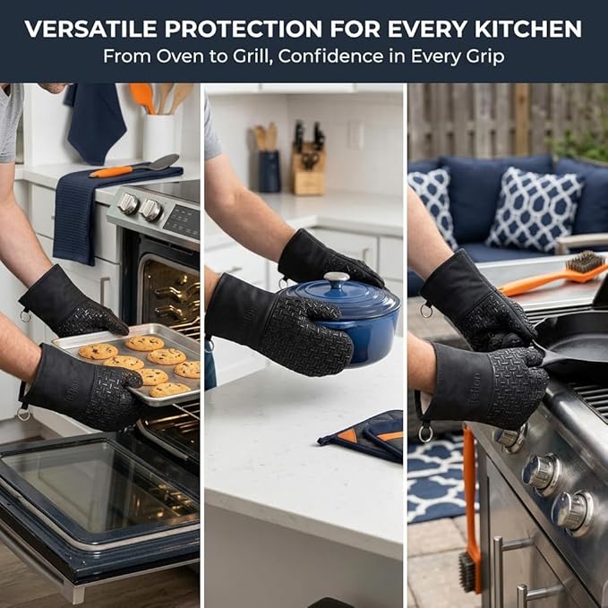 Xlnt Extra Long Oven Mitts (Black) | Teflon EcoElite Water Repellent | Heat Resistant for Oven Cooking, Grill & BBQ | Non Slip Gloves with Teflon EcoElite Finish, Cotton Lining & Hanging Loop