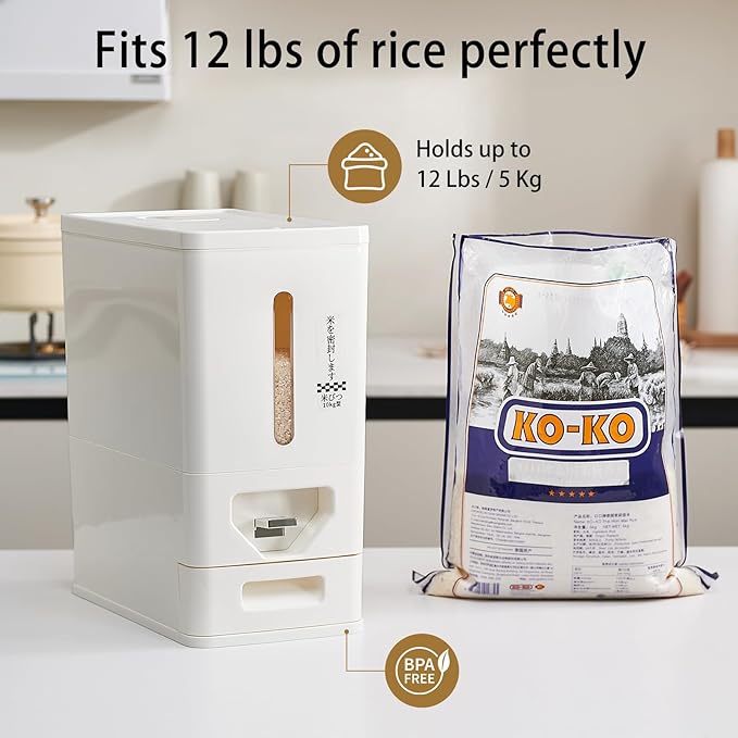 Rice Dispenser 12 Lbs (6kg), Dry Food Storage Container Sealed Moisture-Proof with Built-in Drawer for Kitchen Pantry Household, BPA-Free