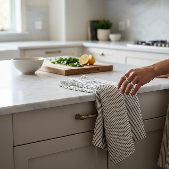 Eight Owls Stonewashed Linen Kitchen Dish Towels - 20 x 27 inch – 100% Pure Linen Tea Towel/Hand Towel - Set of 2 (Black Pinstripe)