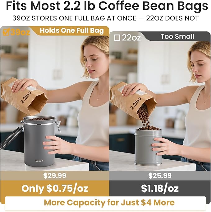 Veken Coffee Canister, 39OZ Large, Airtight Stainless Steel Food Storage Container for 2.2lbs Coffee Beans,Ground, Sugar,Espresso,Rice,Tea,Flour, Cereal,Home Kitchen Pantry Bar Accessories, Gifts,Gray