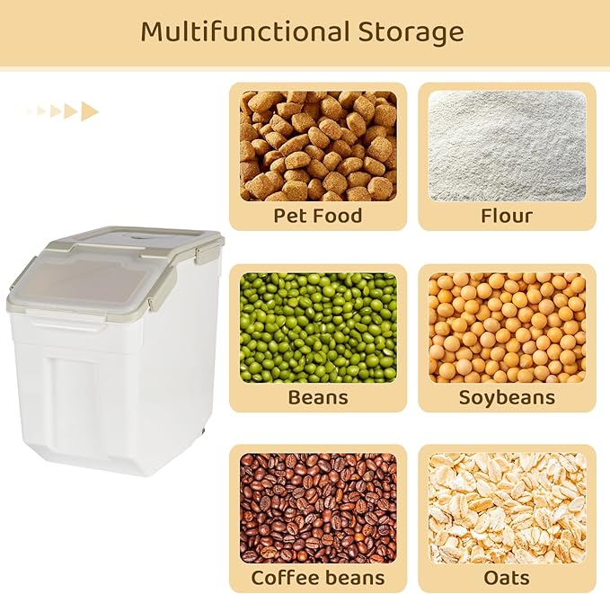PENCK Rice Storage Container 50 lbs Large Household Flour Sugar Containers Airtight Grain Cereal Dispenser with Wheels, Locking Lid & Measuring Cup for Kitchen Pantry Organization, 2 Pack(Grey)