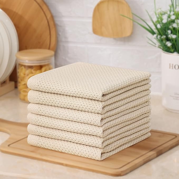 Kitinjoy 100% Cotton Kitchen Dish Cloths (12 X 12 Inches, Beige), 6-Pack Waffle Weave Dish Towels for Drying Dishes Super Soft Absorbent Quick Drying Dish Rags
