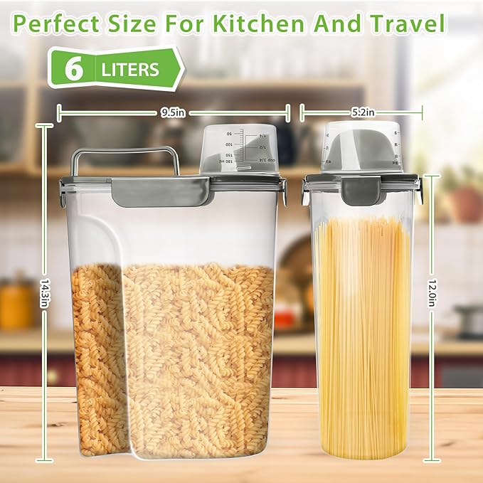 Viretec Rice Storage Container, 5 to 10lb Dry Food Airtight Dispenser, Pet Dog Cat Food Canister, BPA Free Clear Plastic Kitchen and Pantry Bin for Oatmeal, Cereal, Pasta, Flour Pack of 2 Grey