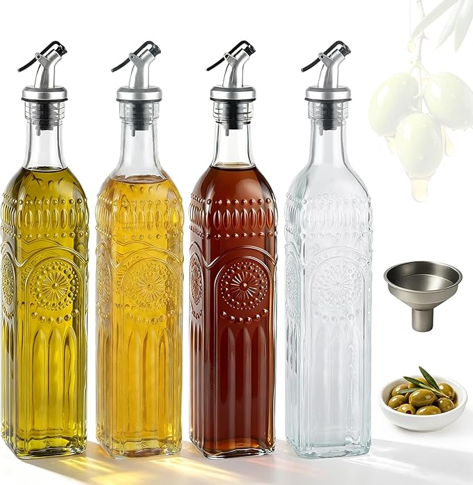WERTIOO 4 Pack Olive Oil Dispenser Bottle for Kitchen,17oz Clear Glass Cooking Olive Oil and Vinegar Dispenser with Funnel, Delicately Engraved Glass Bottles for Kitchen
