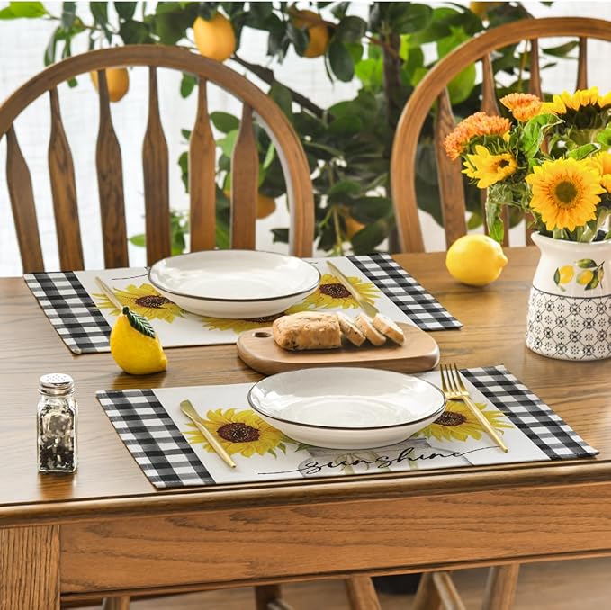 Artoid Mode Buffalo Plaid Sunflower Sunshine Vase Summer Placemats Set of 4, 12x18 Inch Spring Table Mats for Party Kitchen Dining Decoration